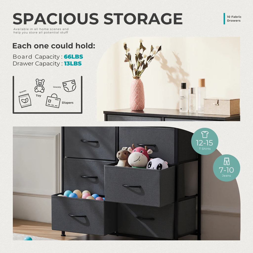 10 Fabric Drawers Nightstand Storage, Steel Frame, Clothes Storage