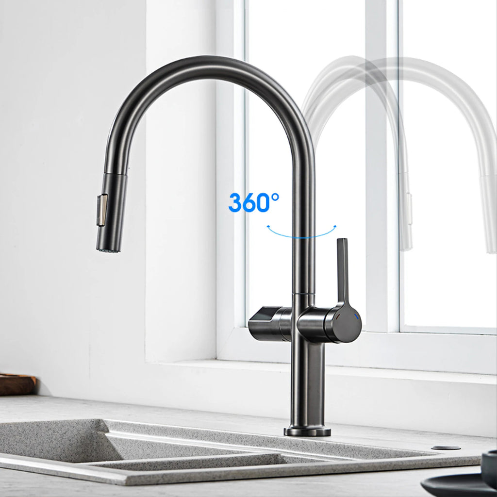gun gray kitchen faucet, LED digital sensing, 2-function spay