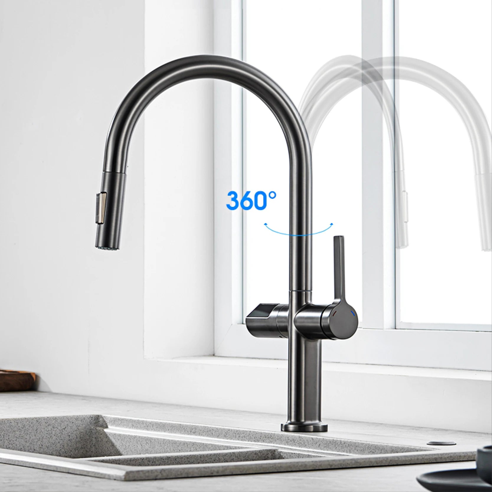 gun gray kitchen faucet, LED digital sensing, 2-function spay