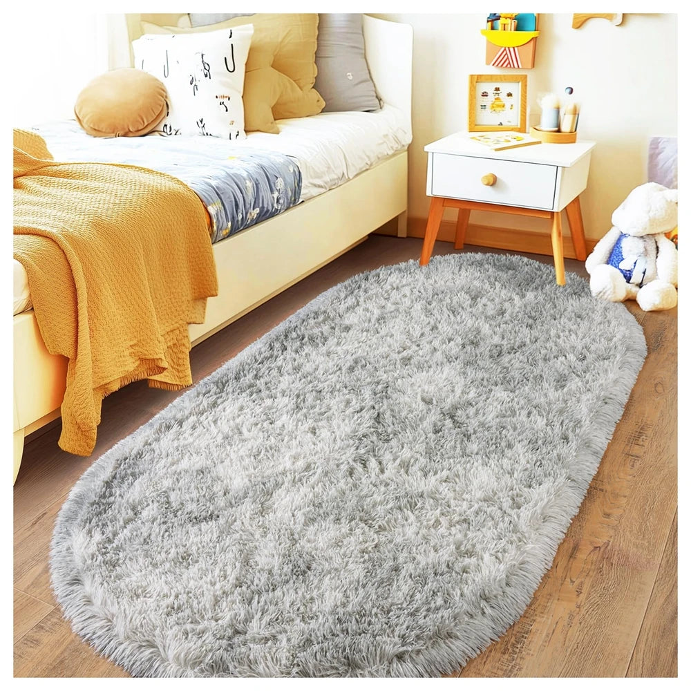 Oval Fluffy Plush Bedside Rugs, Moisture-Proof