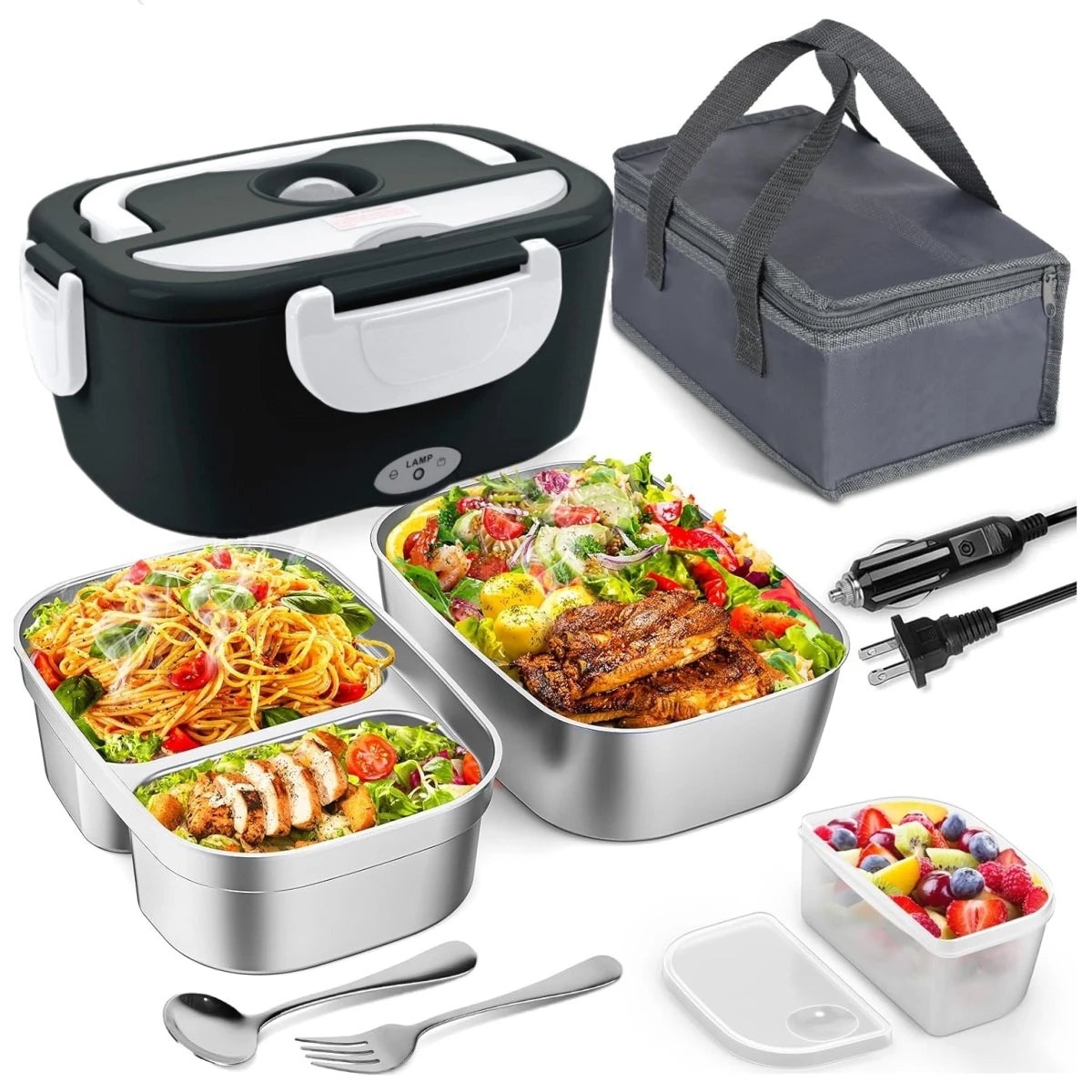 Heated Lunch Box. Dual Stainless Steel Containers, Portable