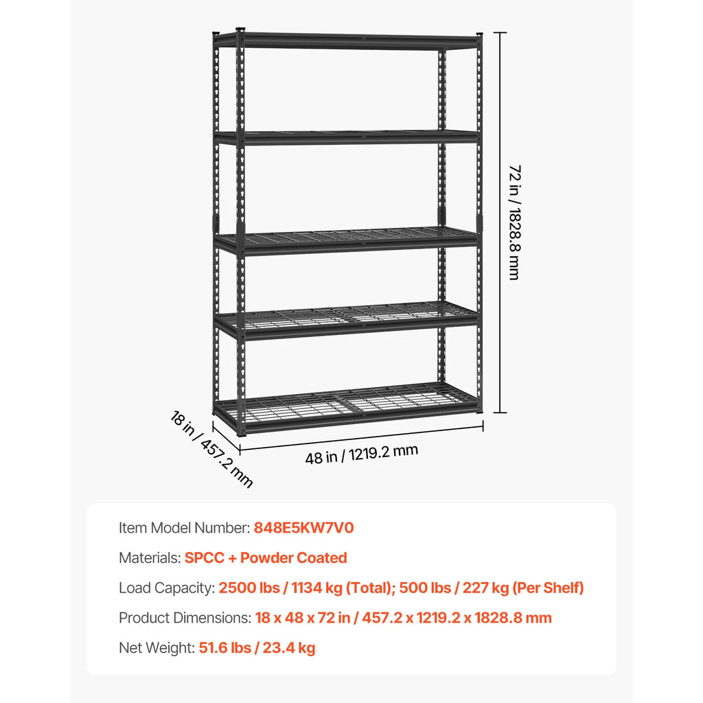 5 Tier Metal Storage Shelves Height Adjustable Shelving