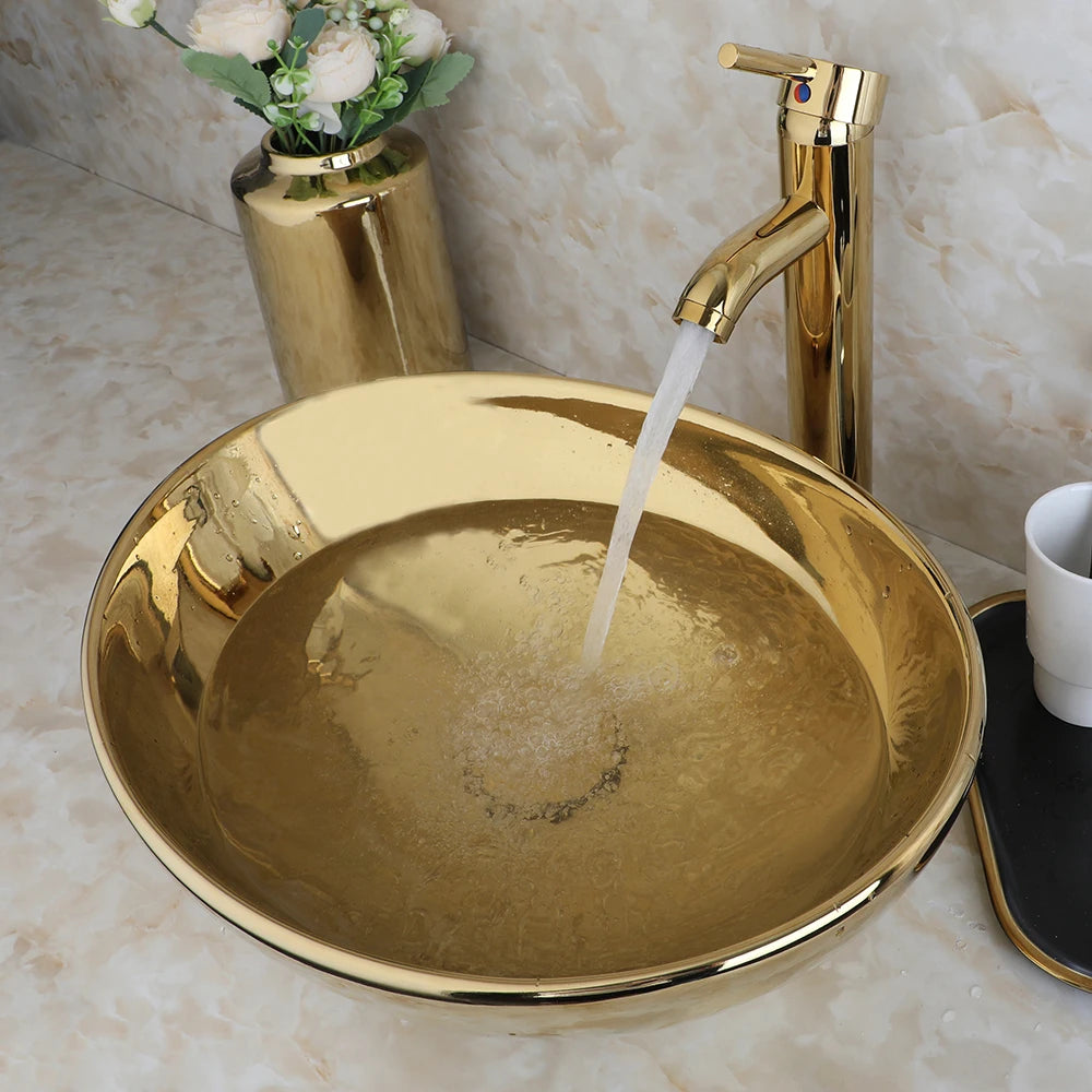 Large Gold Vessel Sink with Faucets, Drain