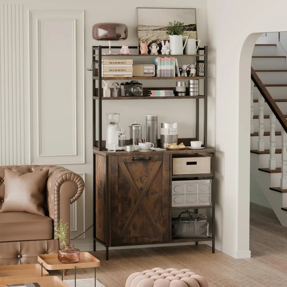 Bakers Rack, Tilt-Out Trash Cabinet, Power Outlet