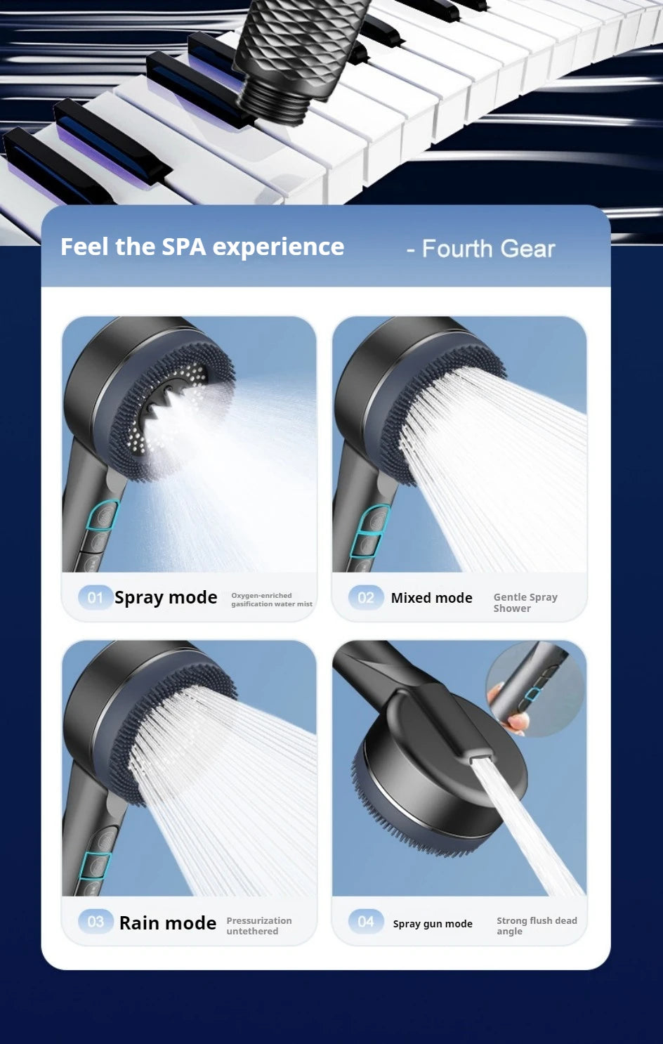 4 Modes Shower Head, Silicone Brush, High Pressure, Filter
