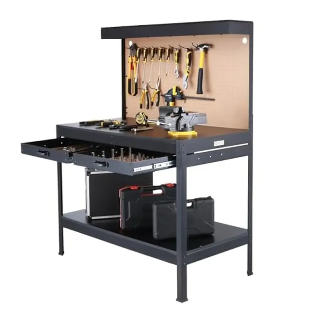 Steel Workbench with Lighting and Storage