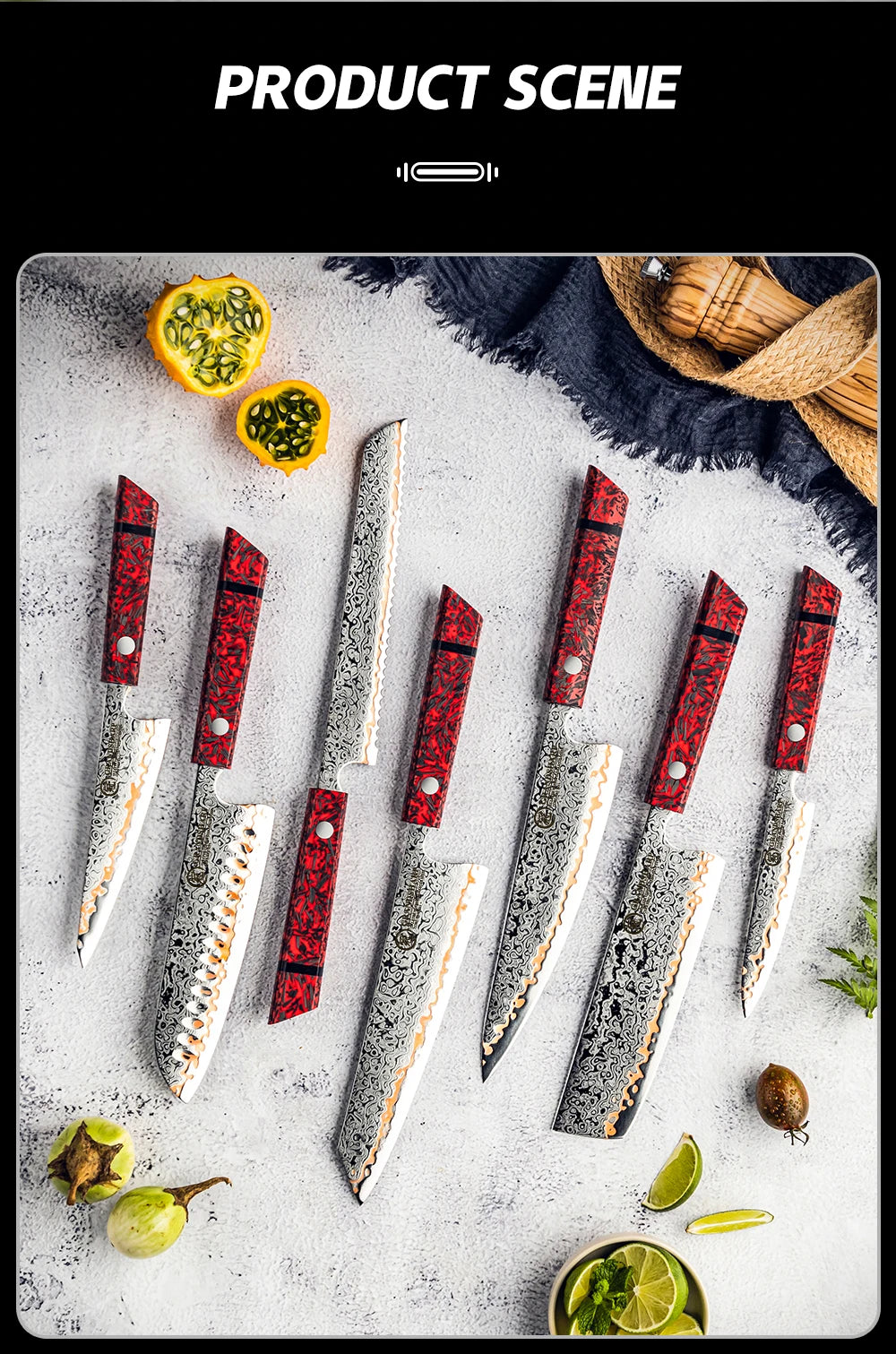 1-7PCS 55 Layers Copper Damascus Steel Chef Knife