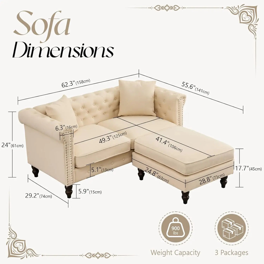62" Sofa Couch, Wooden Legs, Ottoman