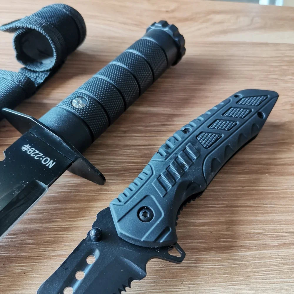 Stainless Steel Knife Set: Fixed & Folding Blades, Sheath