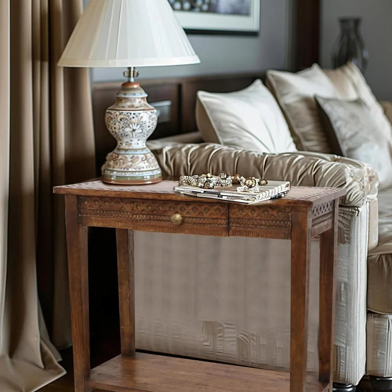 Solid Wood Hand Carved Sofa Table, Drawer