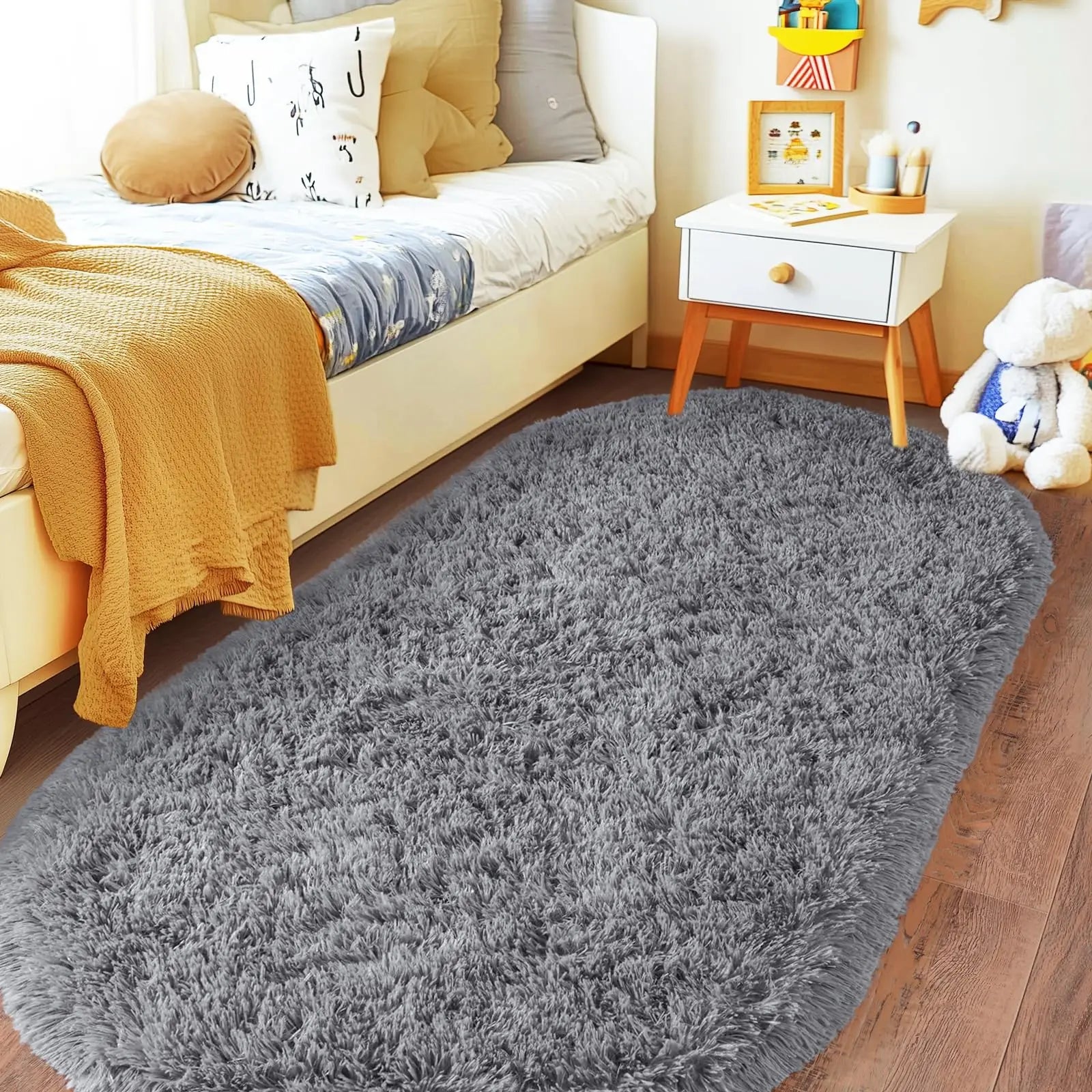 Oval Fluffy Plush Bedside Rugs, Moisture-Proof