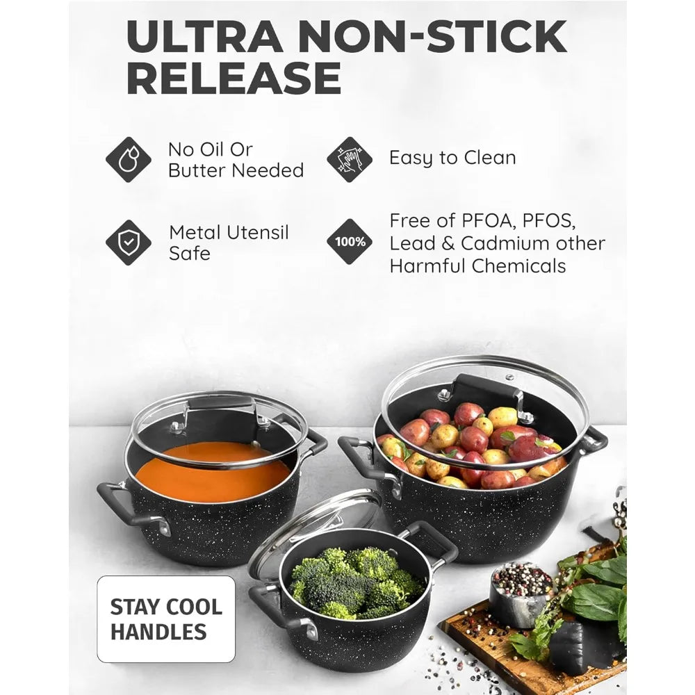 Granitestone Nonstick Pots and Pans Set, Nonstick, 5qt 3qt 1qt