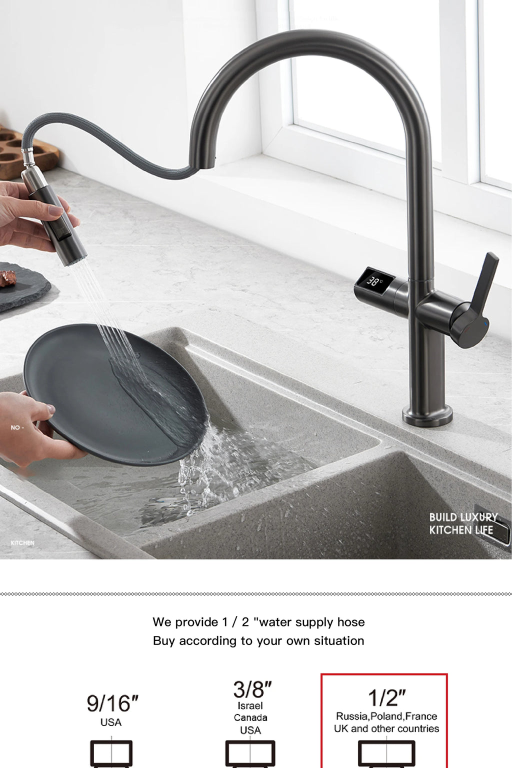 gun gray kitchen faucet, LED digital sensing, 2-function spay
