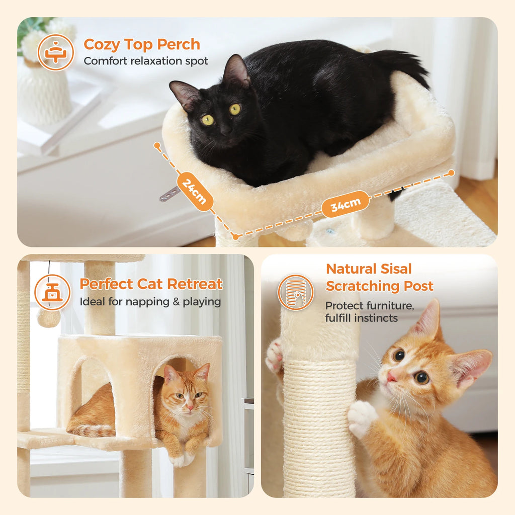 5-Level Cat Tree 113cm Cat Tower with Top Perch,Soft Condo,Natural Sisal Scratching Post,Attractive Pompom,Anti-tip kit,Hammock