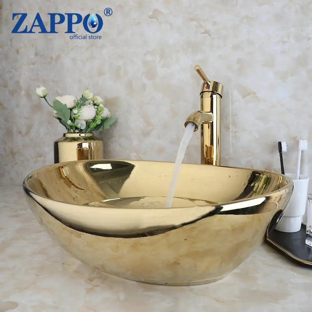 Large Gold Vessel Sink with Faucets, Drain