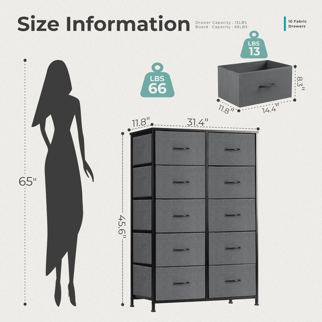 10 Fabric Drawers Nightstand Storage, Steel Frame, Clothes Storage