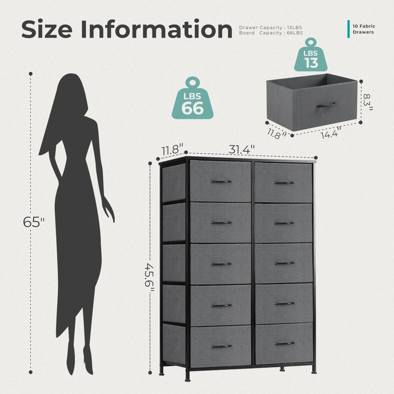 10 Fabric Drawers Nightstand Storage, Steel Frame, Clothes Storage