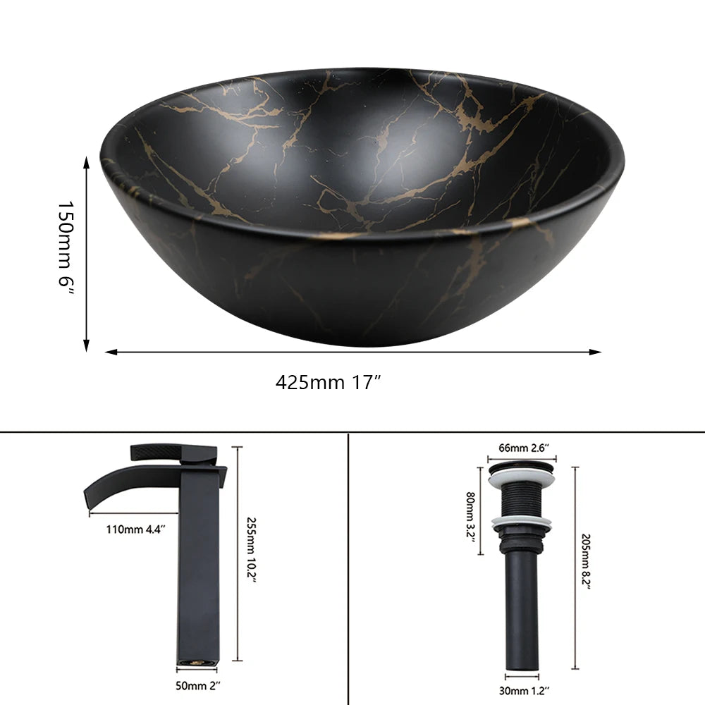 17'' Round Vessel Vanity Sink, Faucet, Drain Set