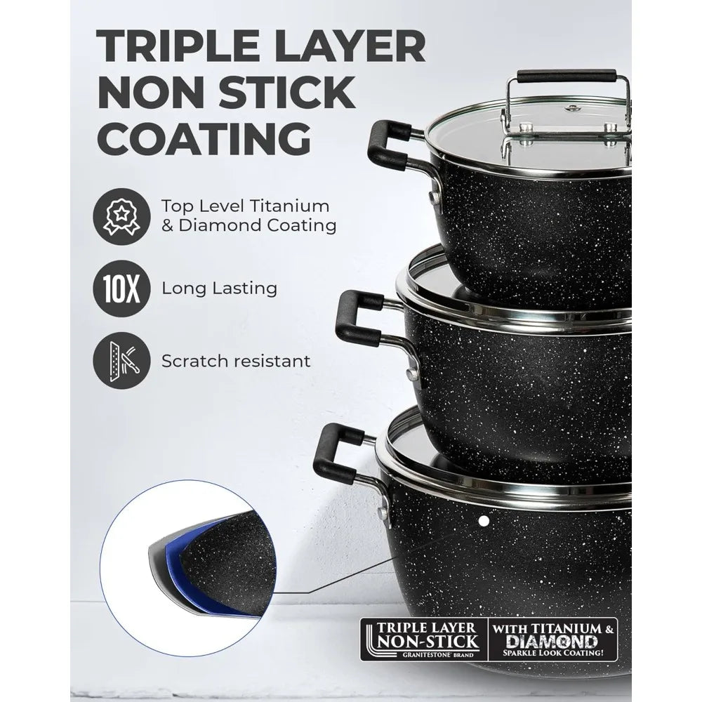 Granitestone Nonstick Pots and Pans Set, Nonstick, 5qt 3qt 1qt