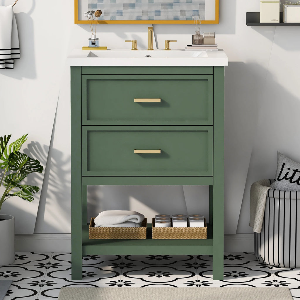 24'' Vanity with Top Sink, 2 Drawers, Wooden Cabinet