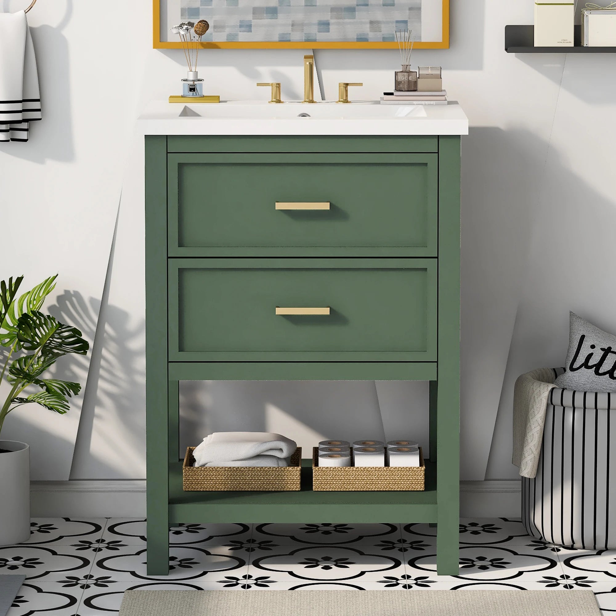 24'' Vanity with Top Sink, 2 Drawers, Wooden Cabinet