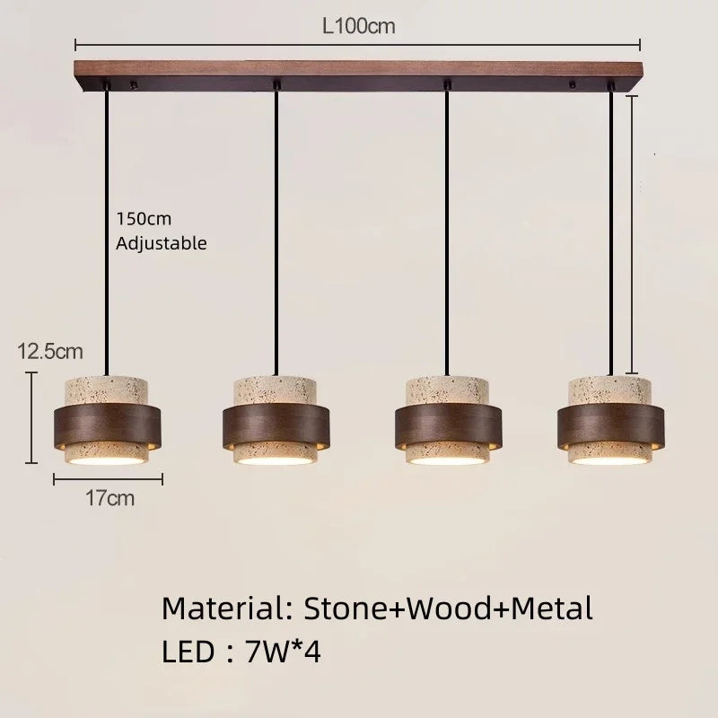 Natural Stone LED Pendant Lamp, Wood, Cord Adjustable