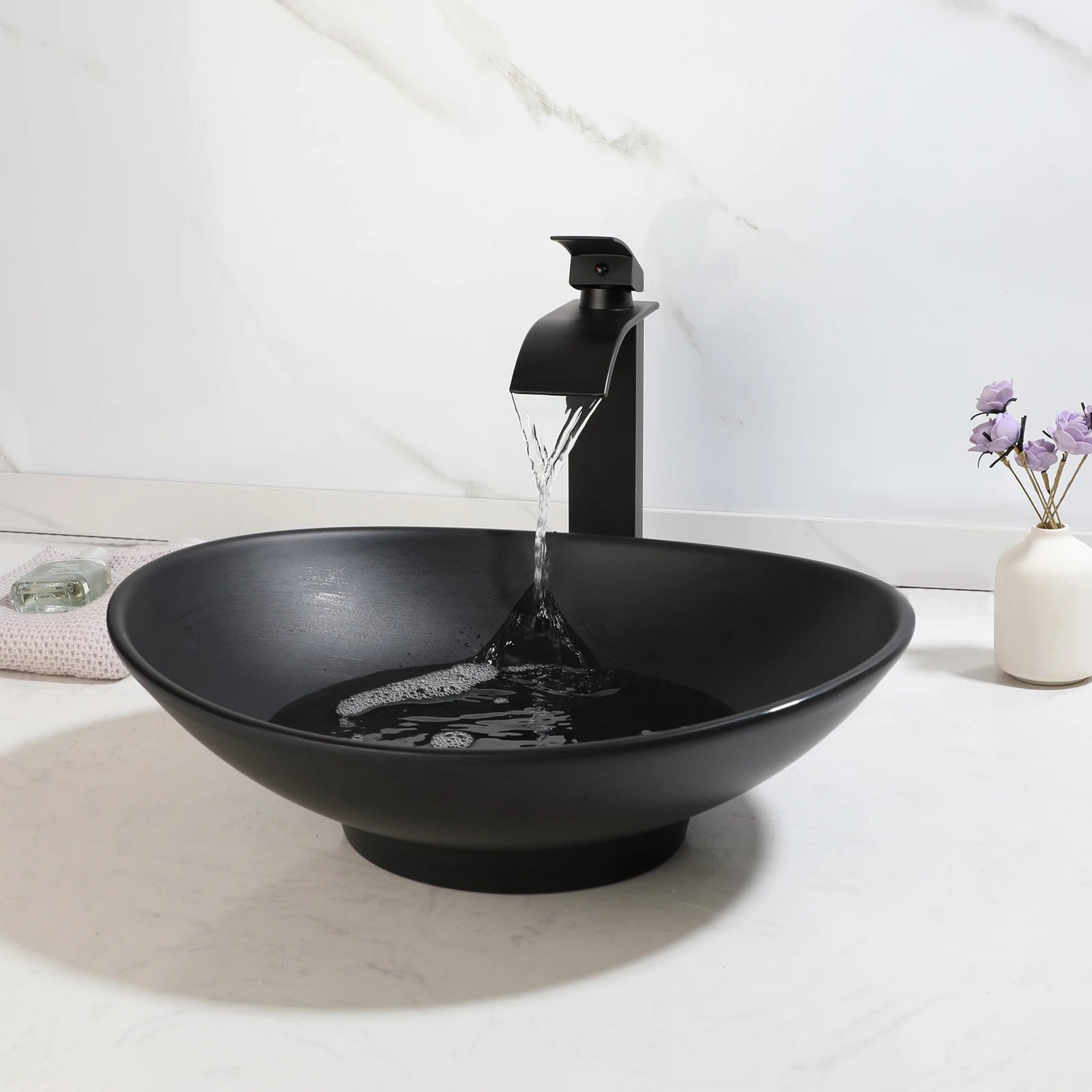 Blue Vessel Sink Deck Mounted, One Handle Faucet, Drain Set