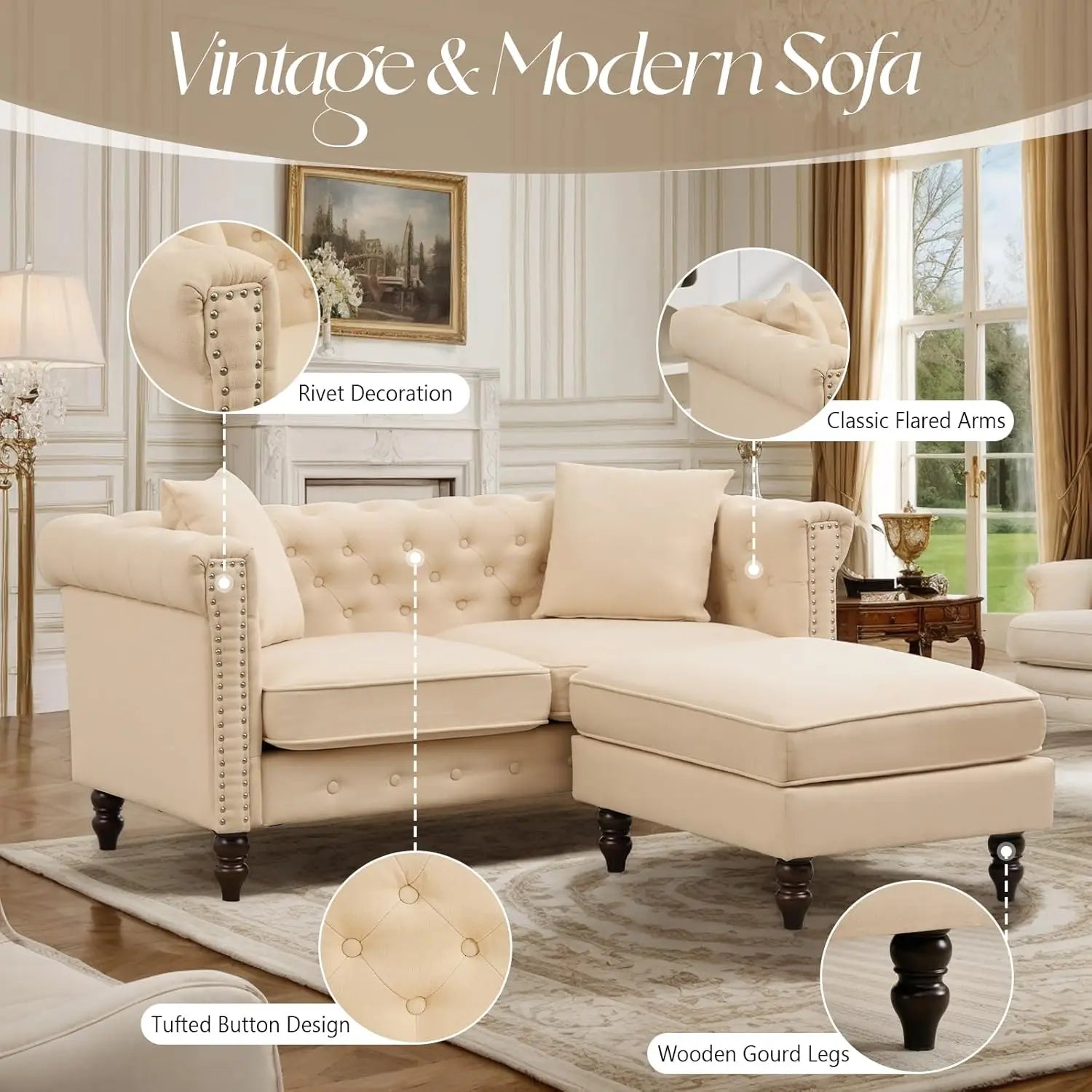 62" Sofa Couch, Wooden Legs, Ottoman