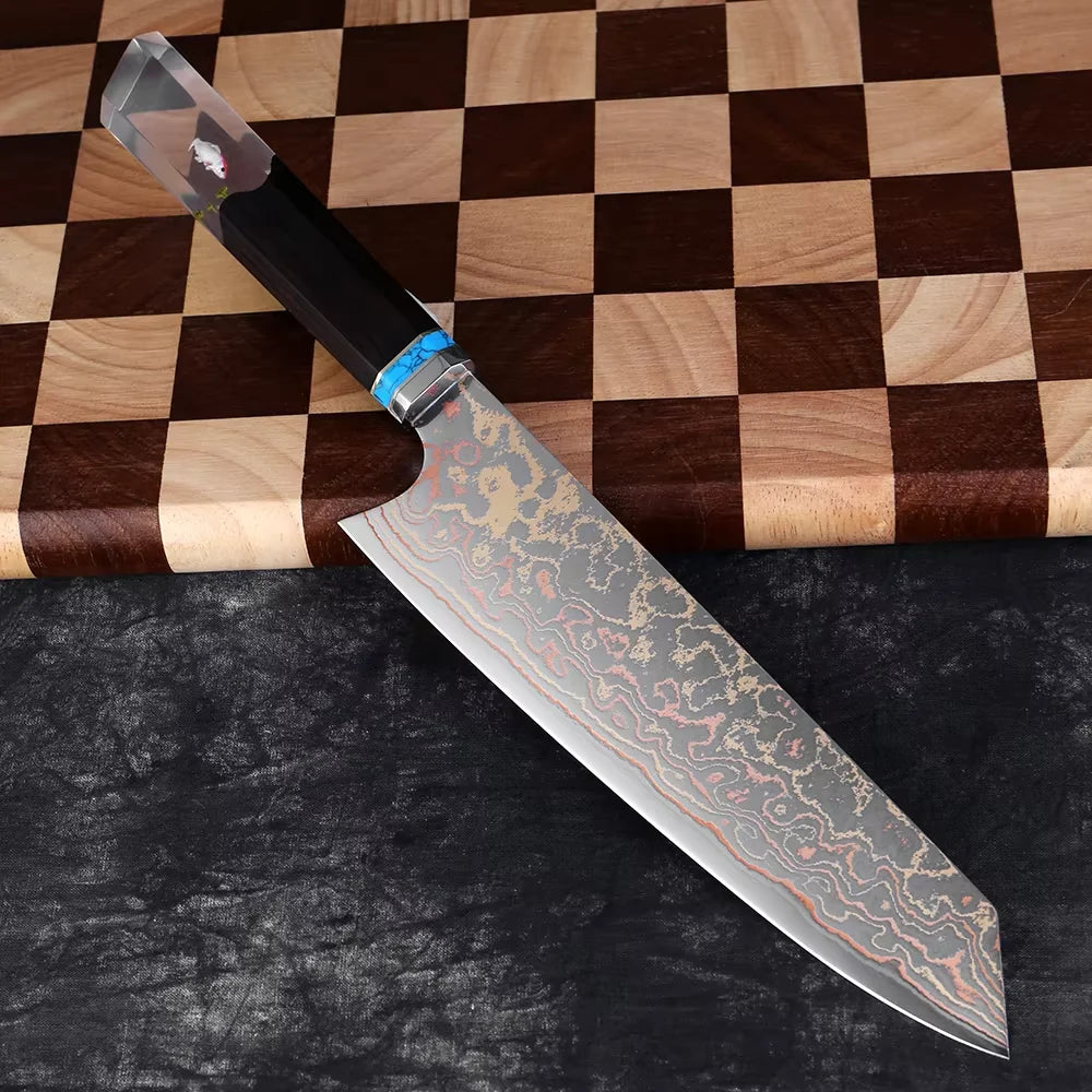 8 Inch Chef Knife 37 Layers Tricolor Copper Damascus Steel