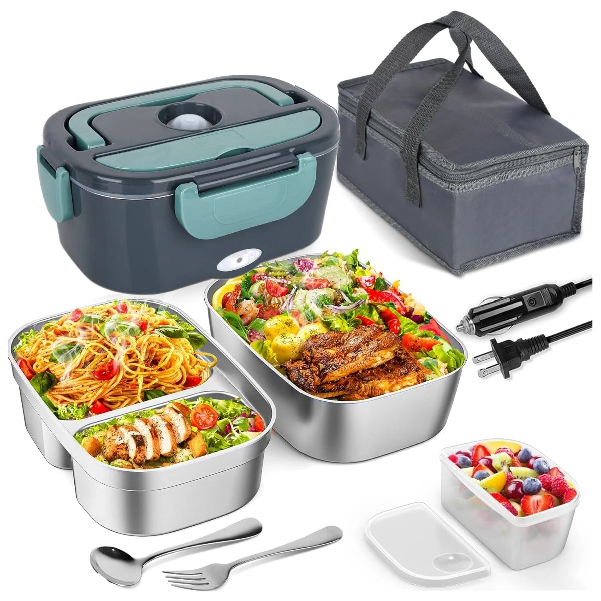 Heated Lunch Box. Dual Stainless Steel Containers, Portable