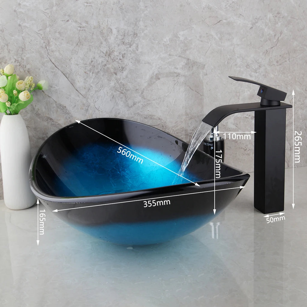 Tempered Glass Vessel Sink. Waterfall Faucet.