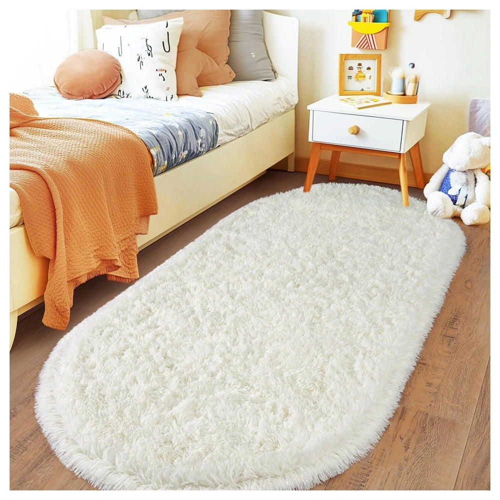 Oval Fluffy Plush Bedside Rugs, Moisture-Proof