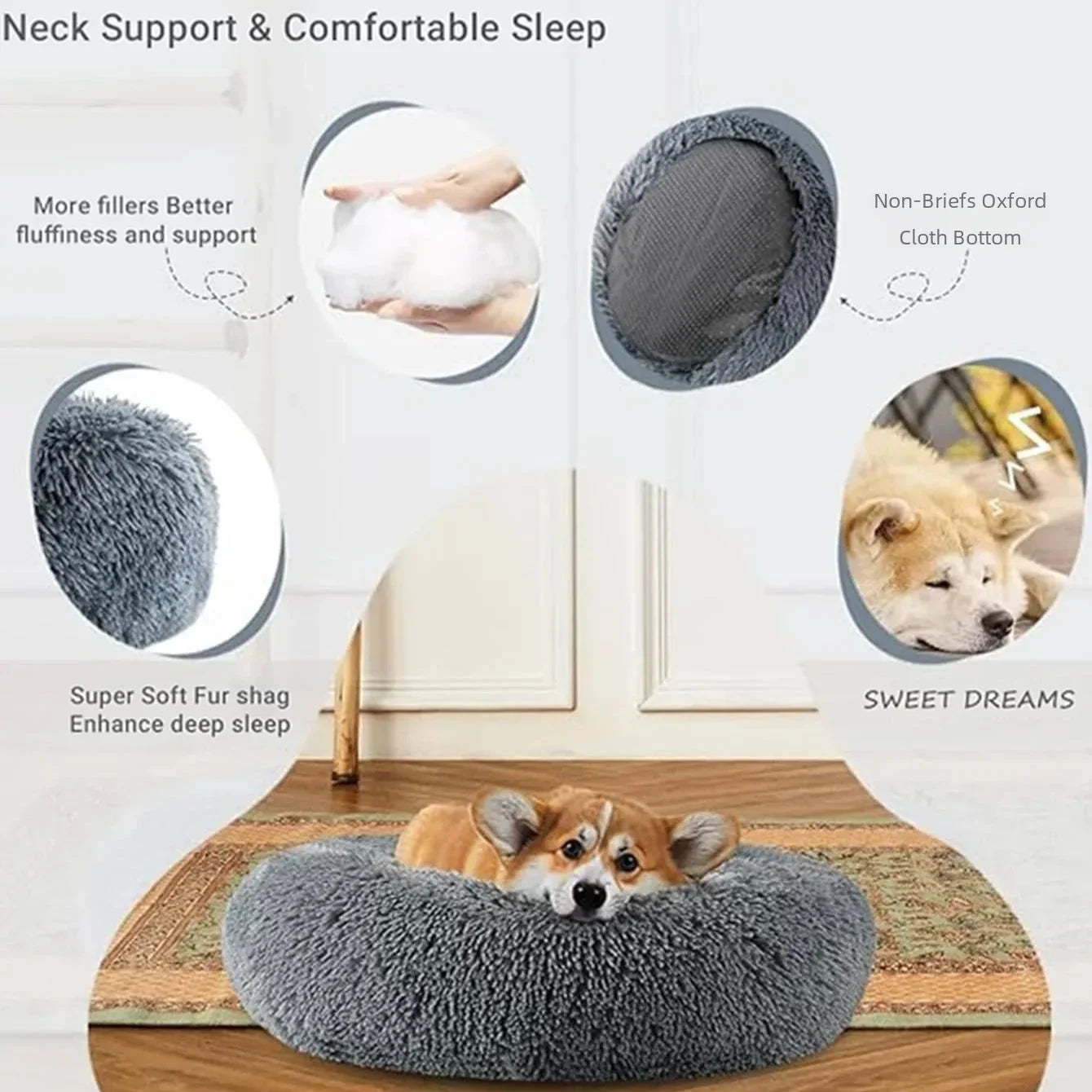 40-60cm. Round Pet Bed, Small Dog, Cat, Washable