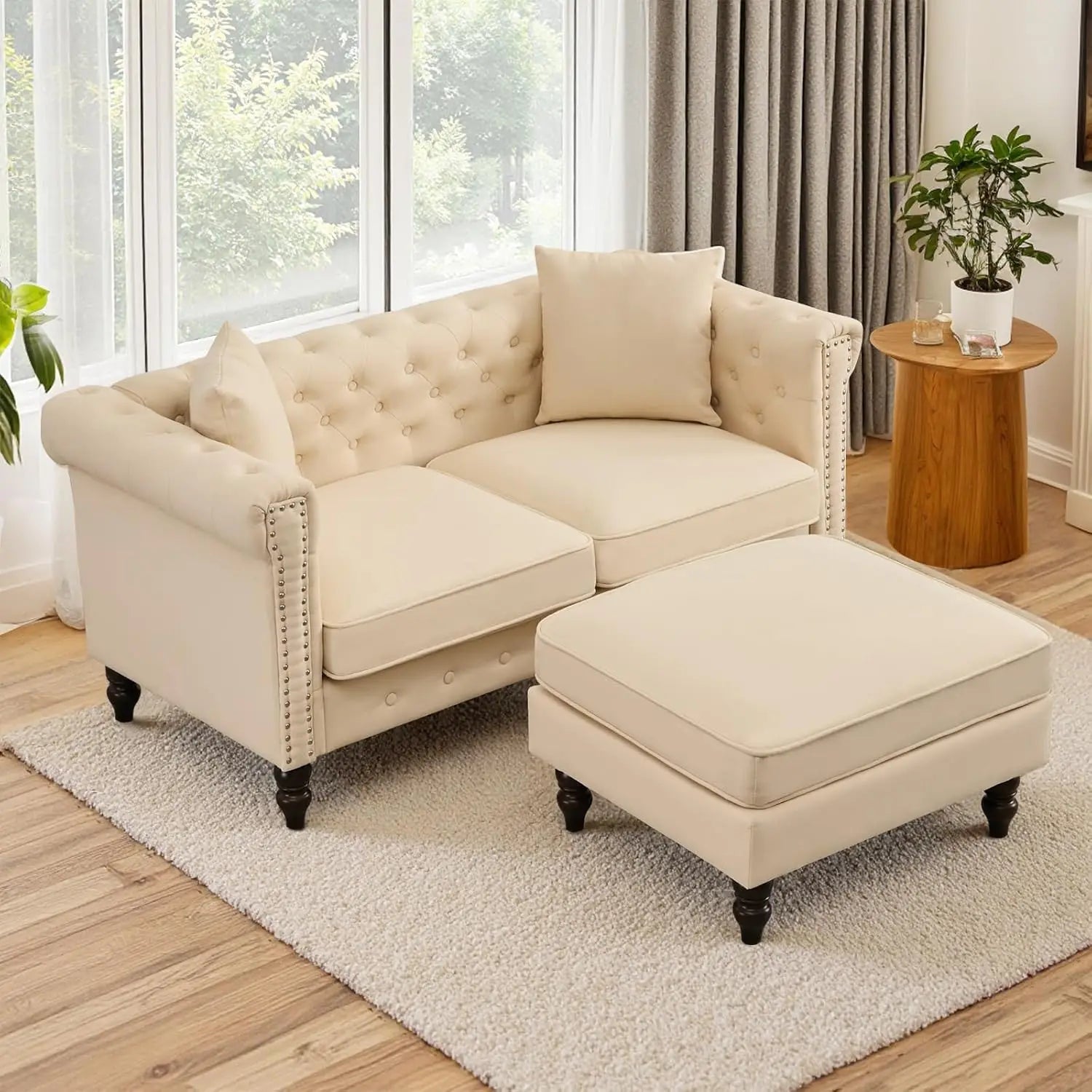 62" Sofa Couch, Wooden Legs, Ottoman