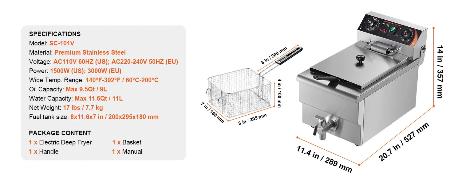 Countertop Fryer, Stainless Steel Basket, Time & Temp Control