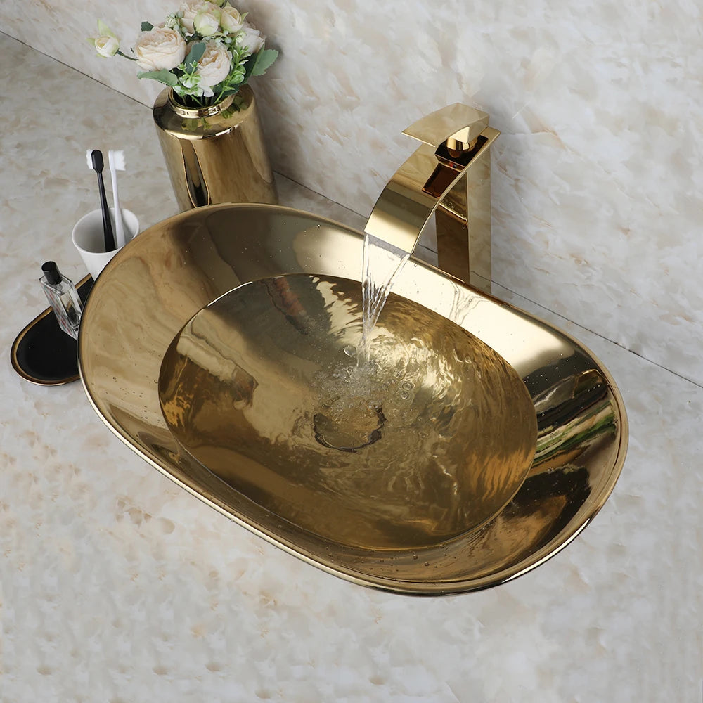 Large Gold Vessel Sink with Faucets, Drain
