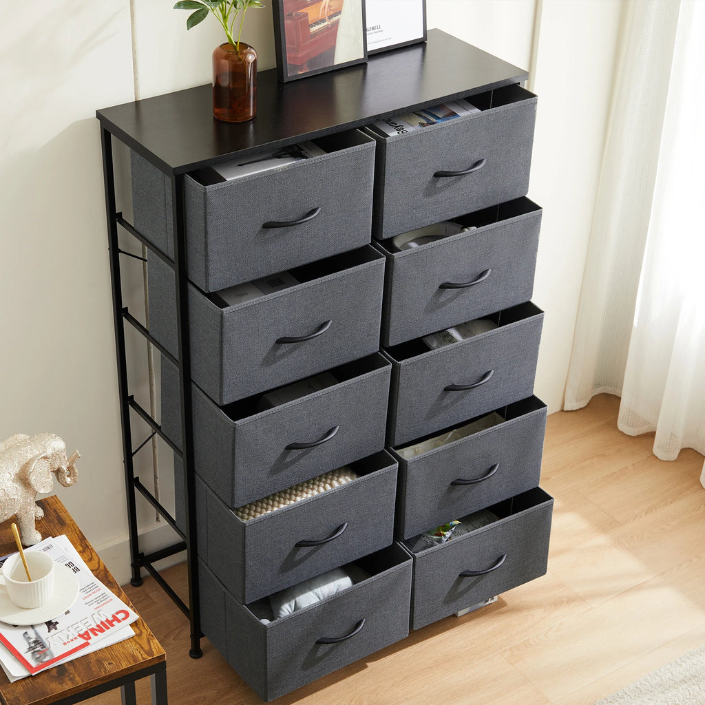 10 Fabric Drawers Nightstand Storage, Steel Frame, Clothes Storage