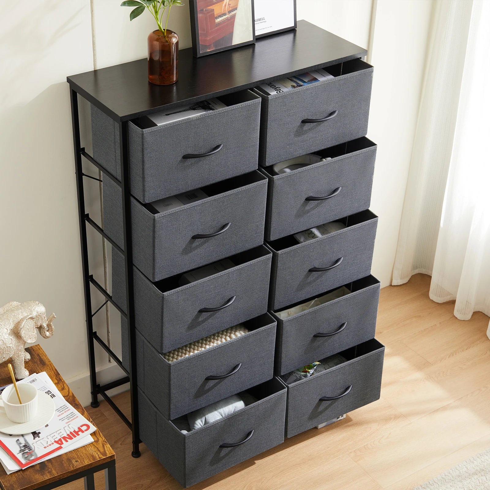 10 Fabric Drawers Nightstand Storage, Steel Frame, Clothes Storage