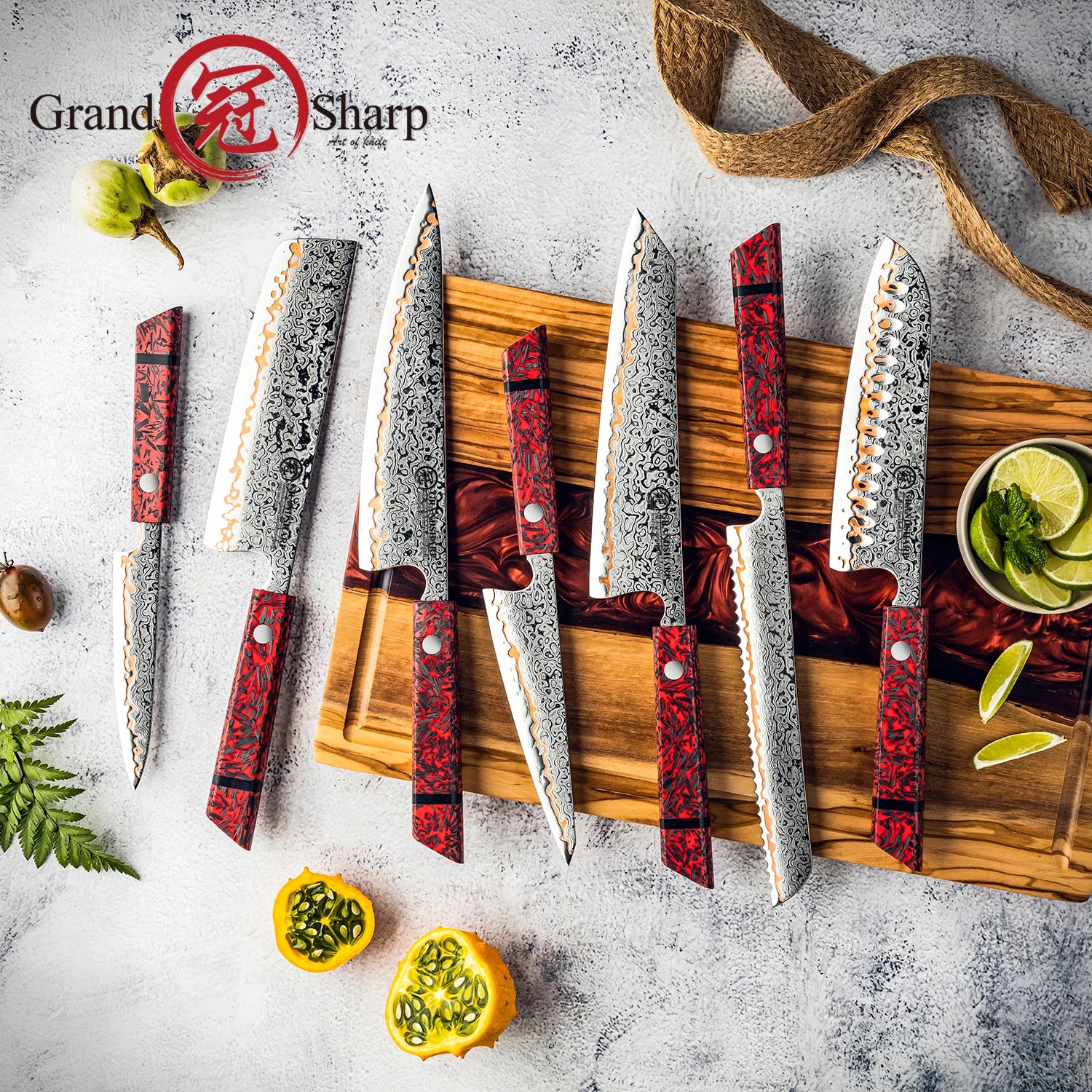 1-7PCS 55 Layers Copper Damascus Steel Chef Knife