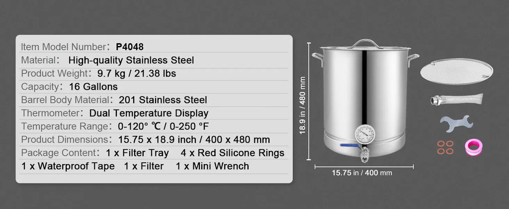 16 GALLON Brewing Pot, Beer Brew Kettle, Lid