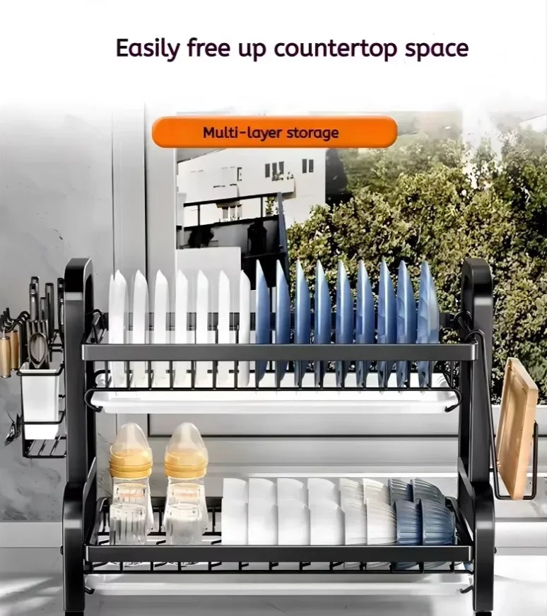 Stainless Steel Dish Rack 2-Tier, Drainboard & Utensil Holder
