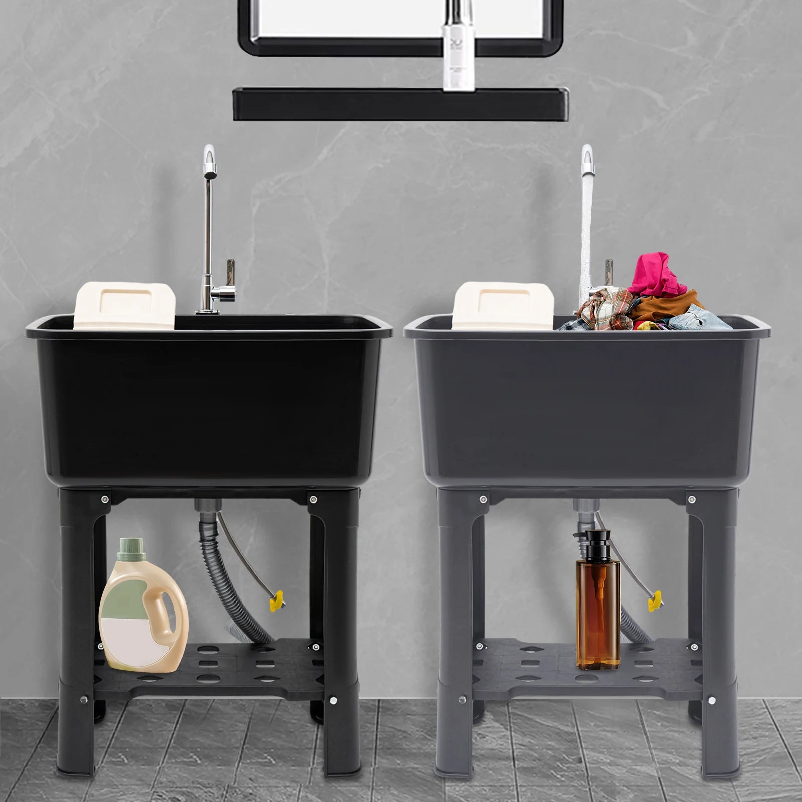 Black/Gray Floor-standing Large Sinks, Faucet, Drain