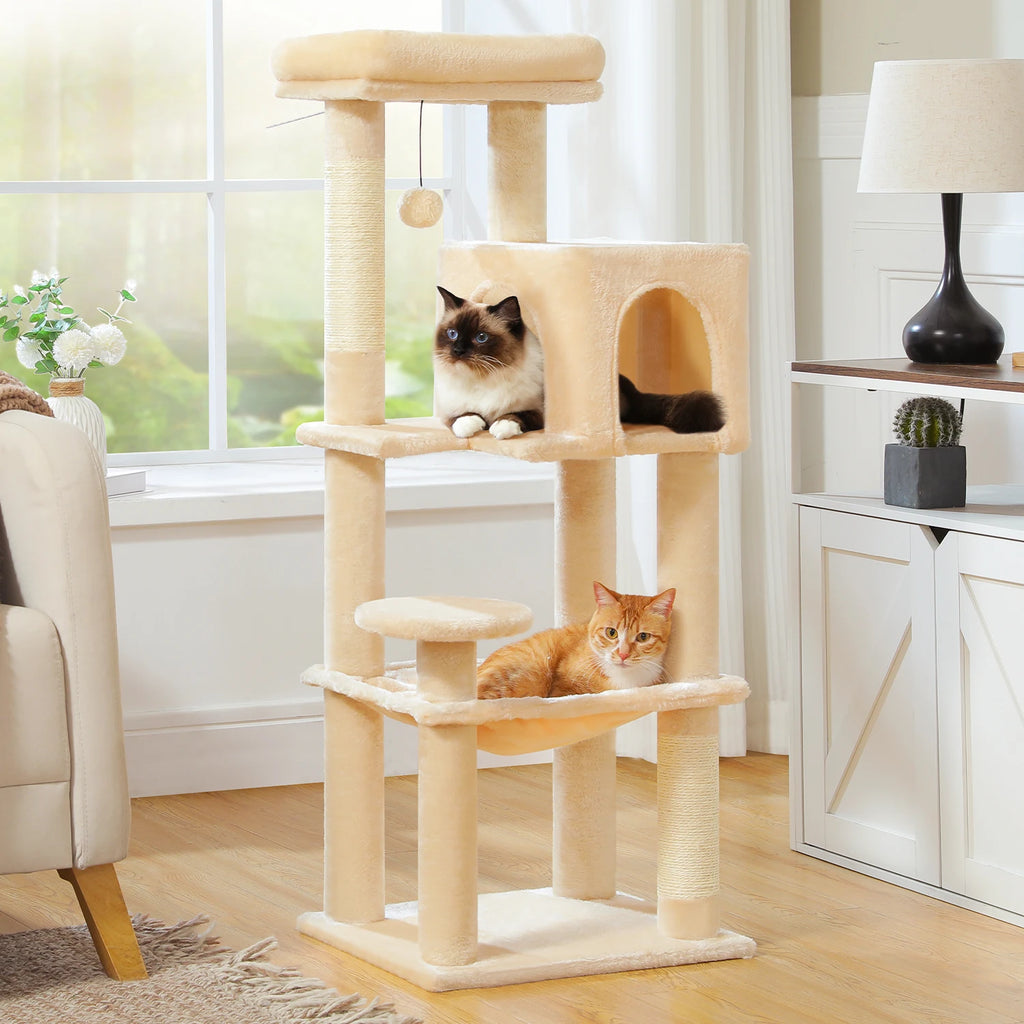 5-Level Cat Tree 113cm Cat Tower with Top Perch,Soft Condo,Natural Sisal Scratching Post,Attractive Pompom,Anti-tip kit,Hammock