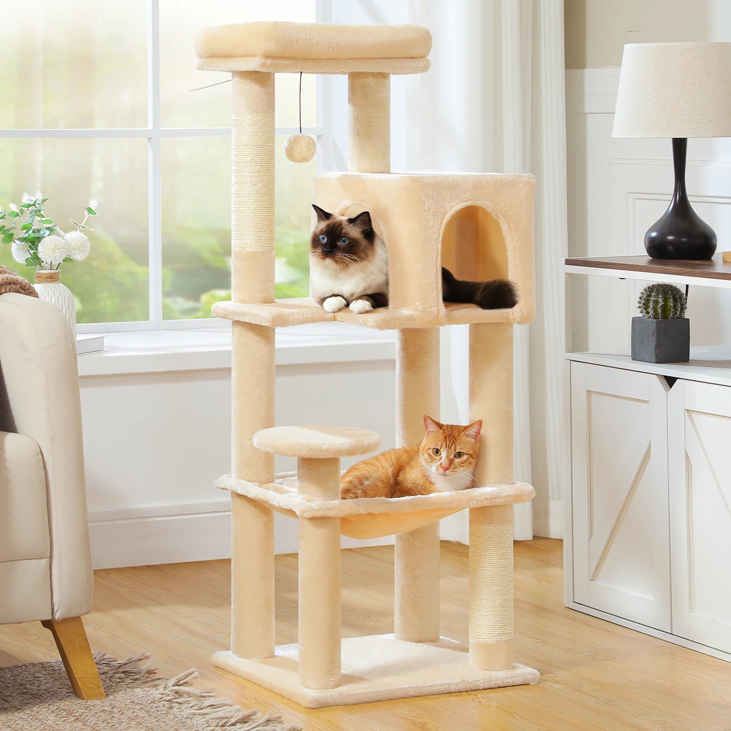 5-Level Cat Tree 113cm Cat Tower with Top Perch,Soft Condo,Natural Sisal Scratching Post,Attractive Pompom,Anti-tip kit,Hammock