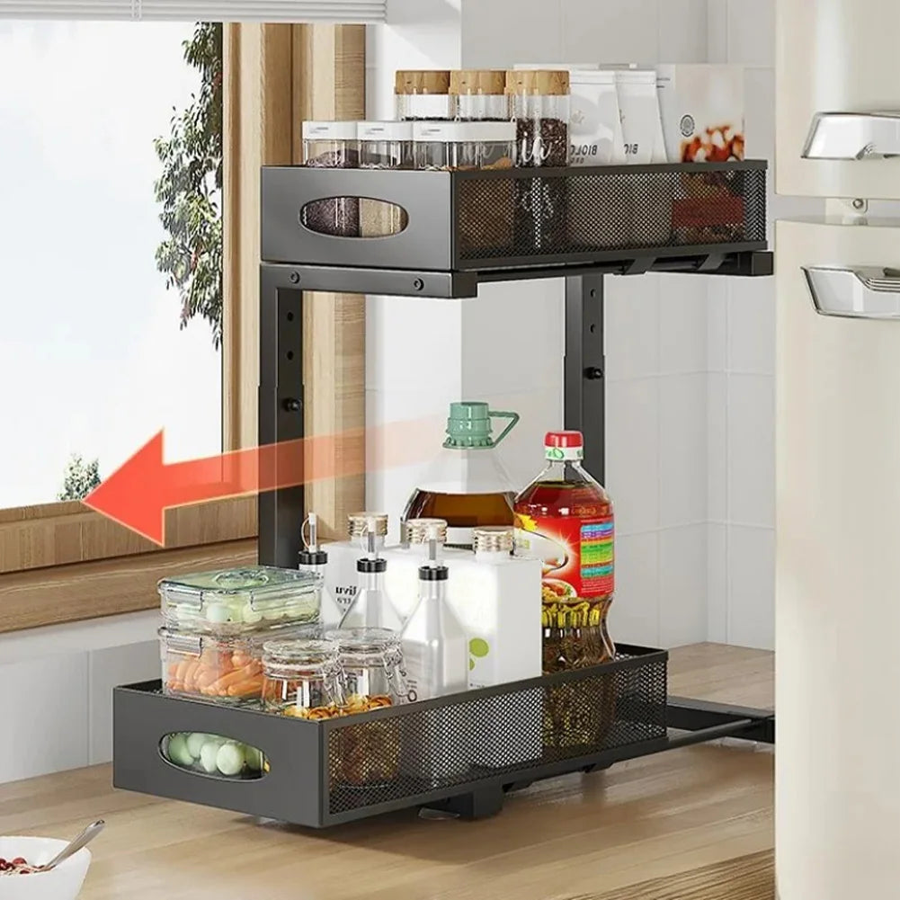 2-Tier Adjustable Height Under Sink Organizer, Pull Out Drawer