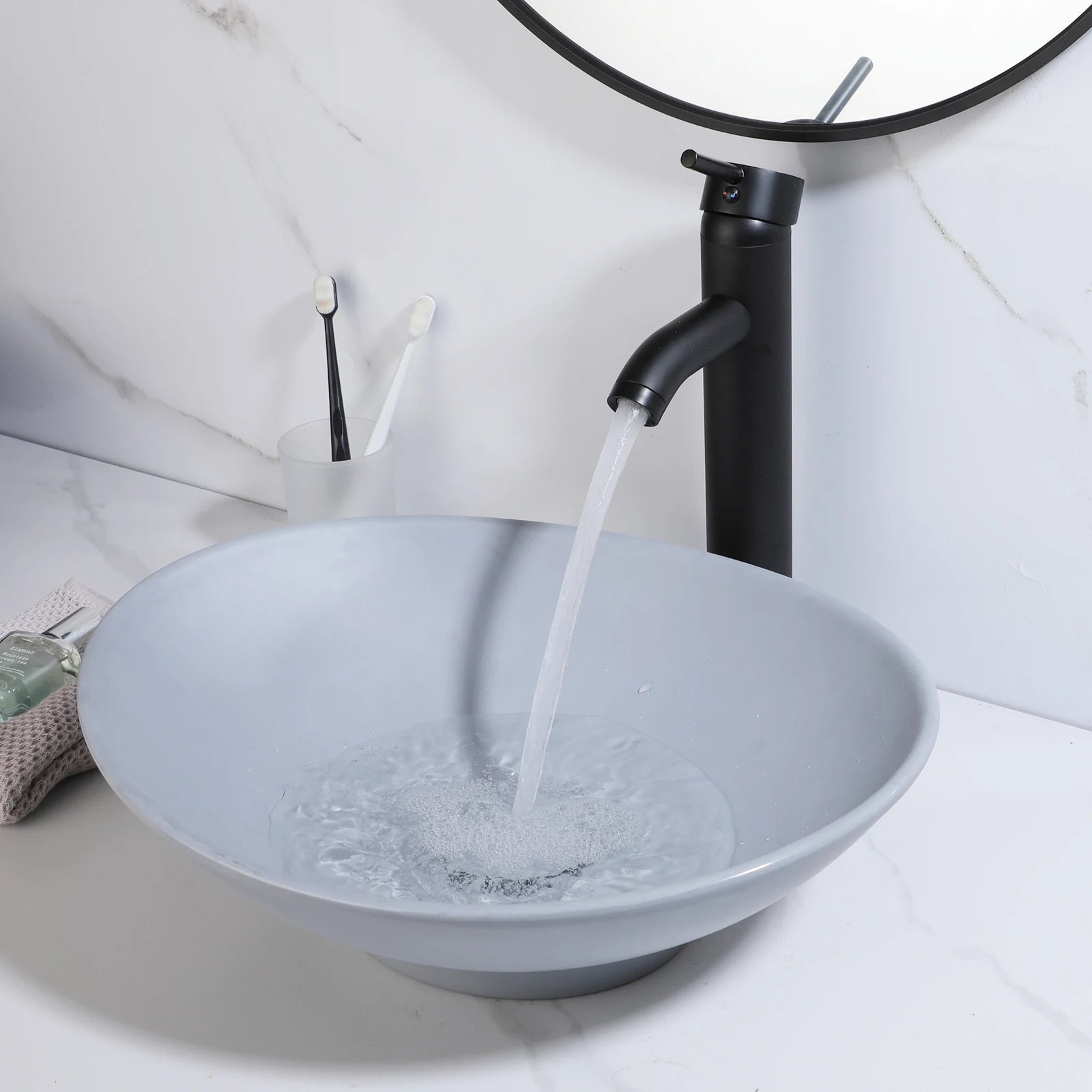 Blue Vessel Sink Deck Mounted, One Handle Faucet, Drain Set