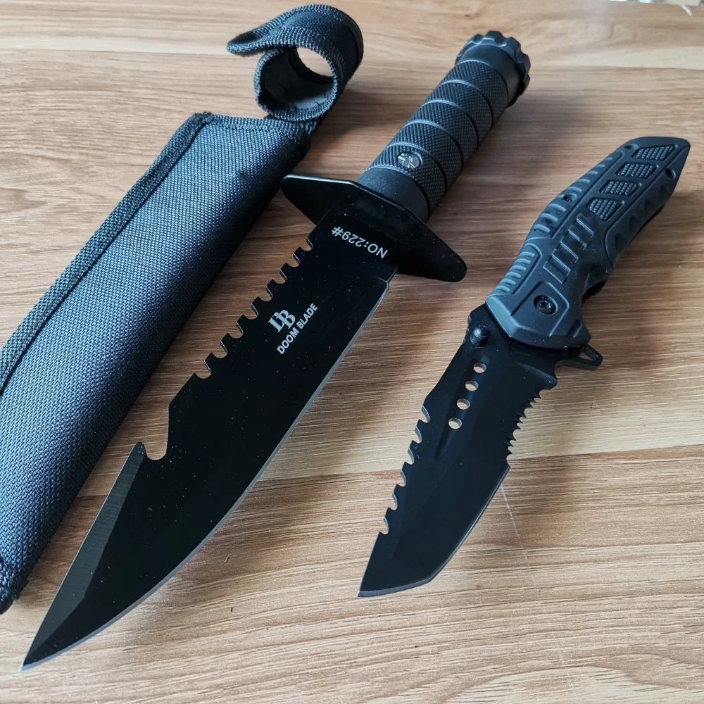 Stainless Steel Knife Set: Fixed & Folding Blades, Sheath