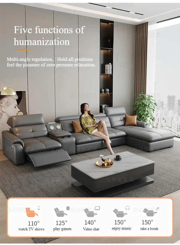 Genuine Leather Corner Sofa, Electric Reclining, Storage