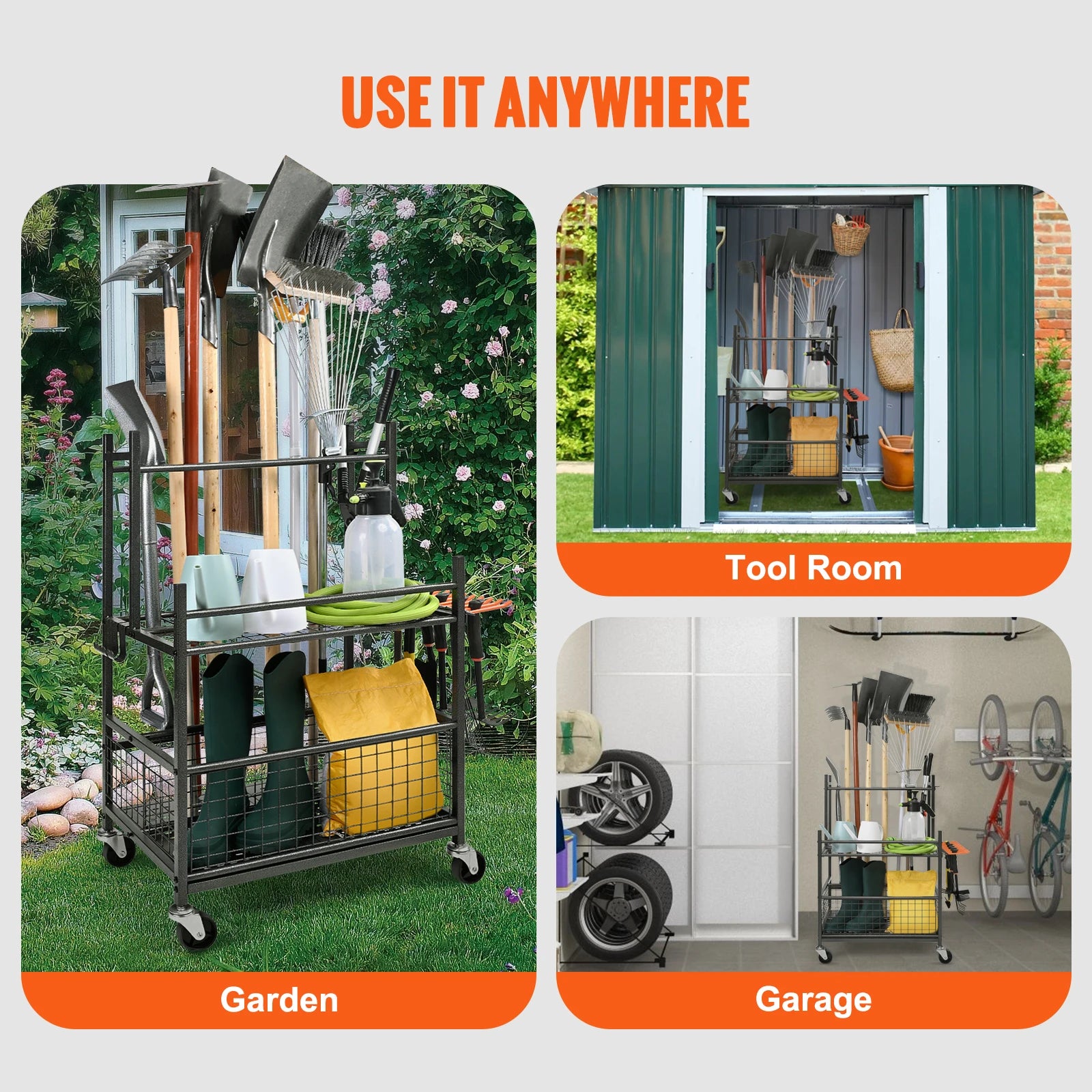 Portable Garden Tool Organizer Rack with Hooks, Wheels