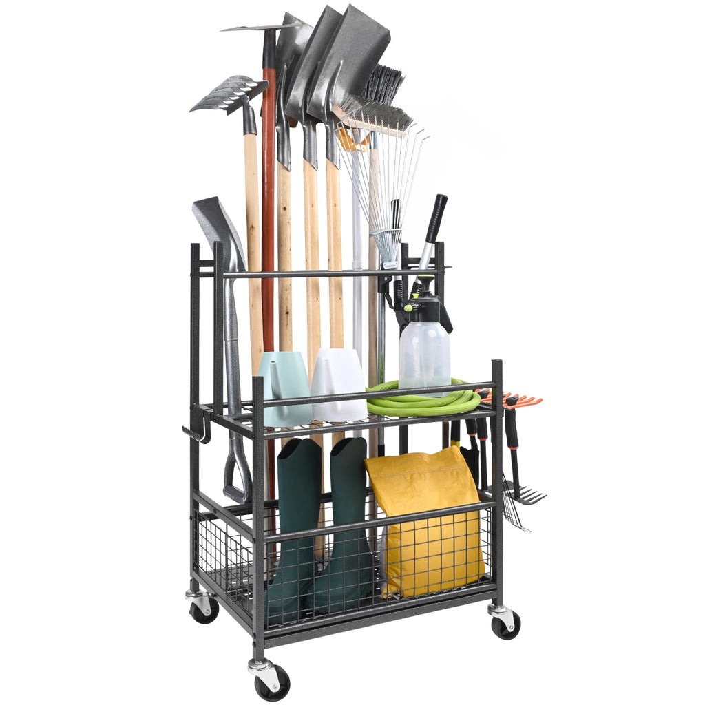 Portable Garden Tool Organizer Rack with Hooks, Wheels